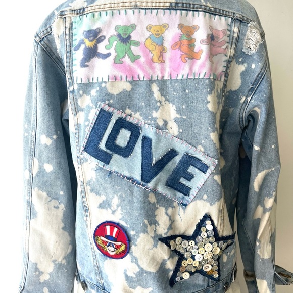 Festival concert jacket size Large, Artistic Denim Jacket with Colorful Patches - Picture 13 of 16